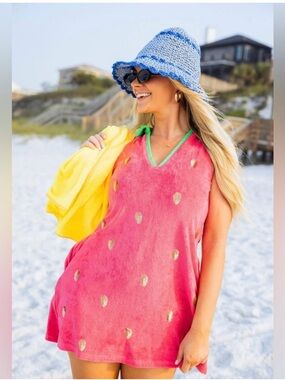 RARE FIND! Queen of Sparkles pink watermelon terry cloth coverup dress- large